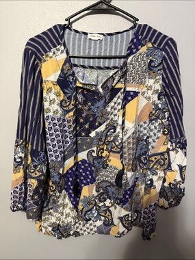 Tribal Patchwork Paisley Peasant Blouse in Navy, Yellow and White